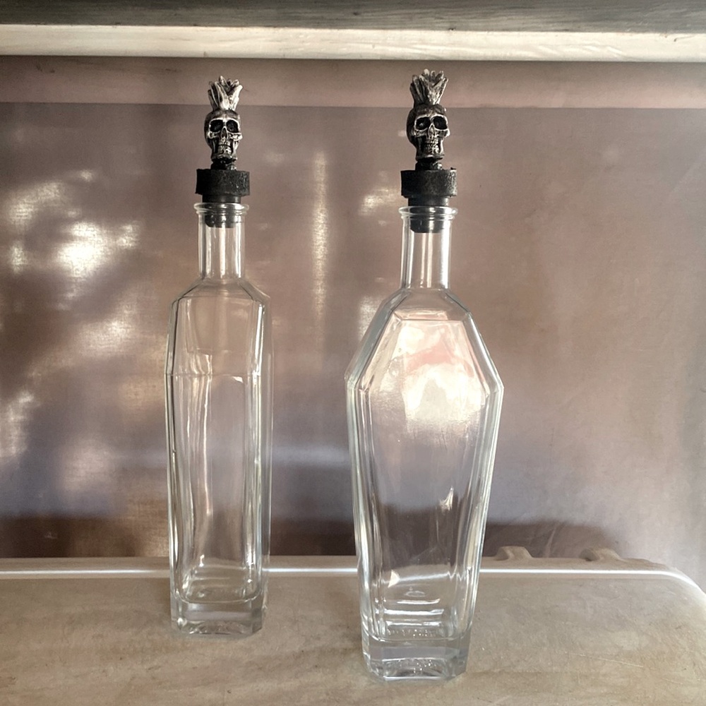 COFFIN SHAPED GLASS BOTTLES WITH SKULL CORKS,  MANY AVAILABLE